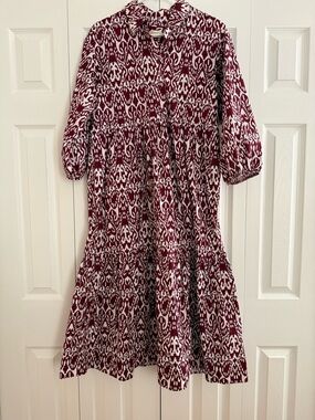 Anthropologie Maeve Bettina Burgandy & White Printed Tiered Midi Dress